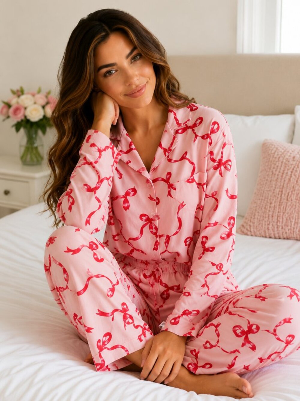 Sincerely Jules 2 Pc Pajama Set Ribbon Print Pink Large NWT